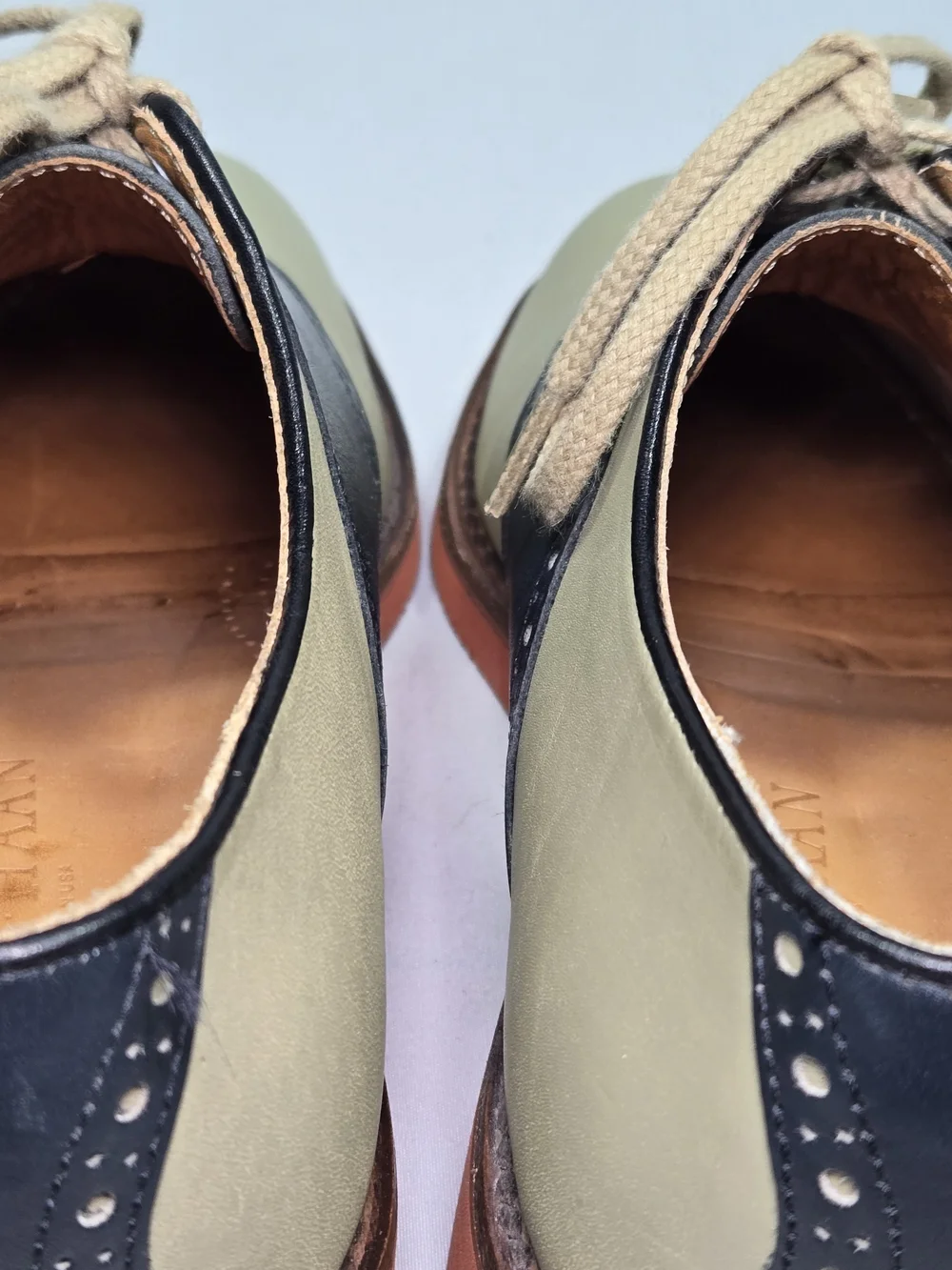 Vintage COLE HAAN Leather Saddle Oxfords Olive Khaki/Navy Mens 6.5 Wide Preppy